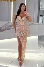 Sparkle Beaded High Split Sweetheart Overskirt Mermaid Sleeveless Prom Dresses