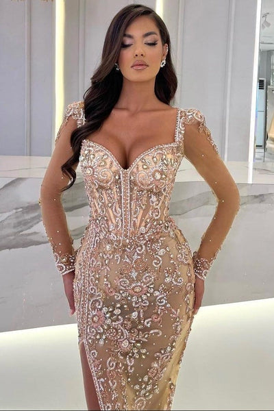 Sparkle Beaded High Split Sweetheart Overskirt Mermaid Sleeveless Prom Dresses