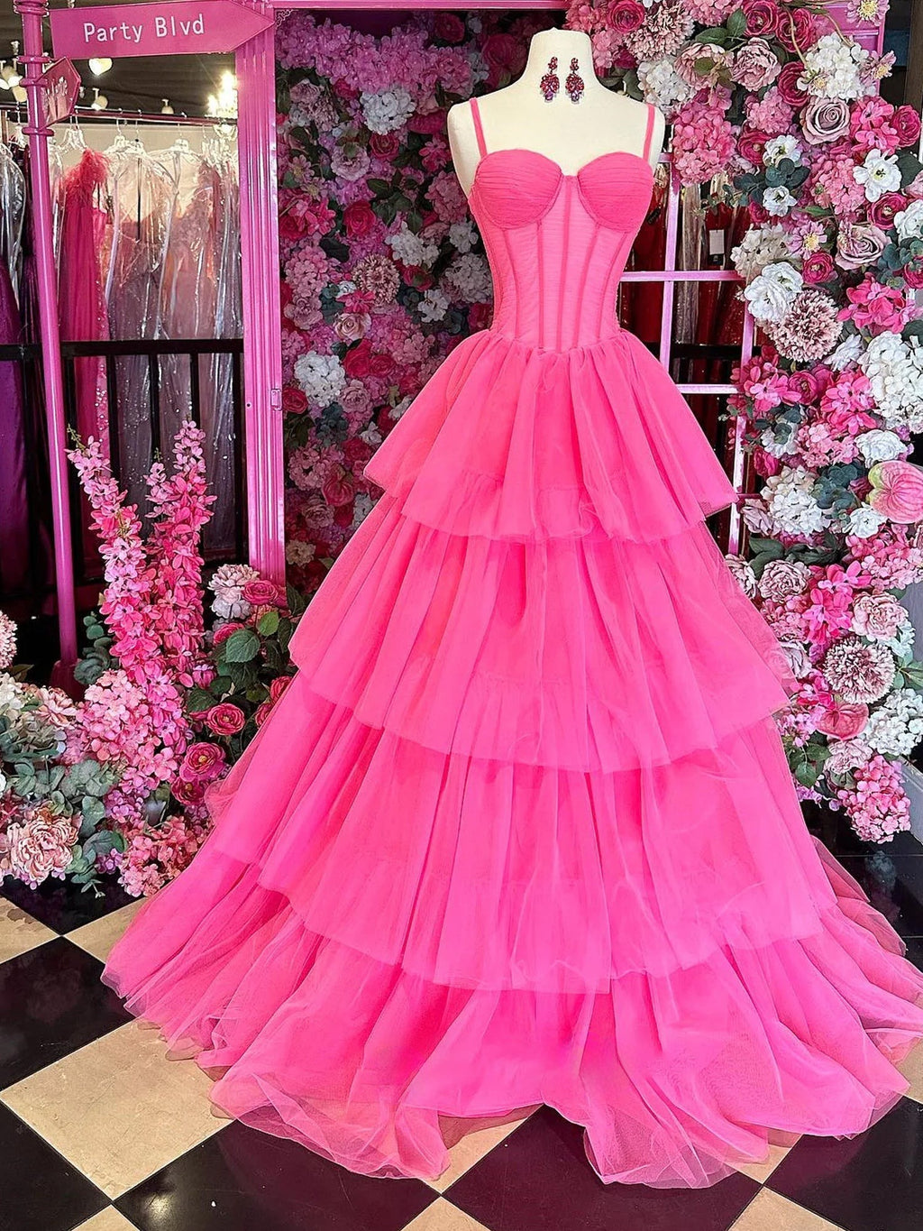 A Line Pink Tiered Tulle Long Sweetheart Prom Dresses