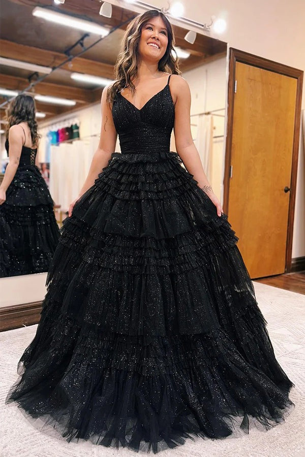 A-Line Spagnetti Straps Tiered Tulle V-Neck Long Prom Dresses