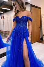 A-line Off The Shoulder Prom Dresses,Appliques Formal Gown