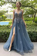 A Line Spaghetti Straps Corset Back Split Long Prom Dresses