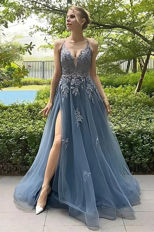 A Line Spaghetti Straps Corset Back Split Long Prom Dress TP1287 US6 / As Picture