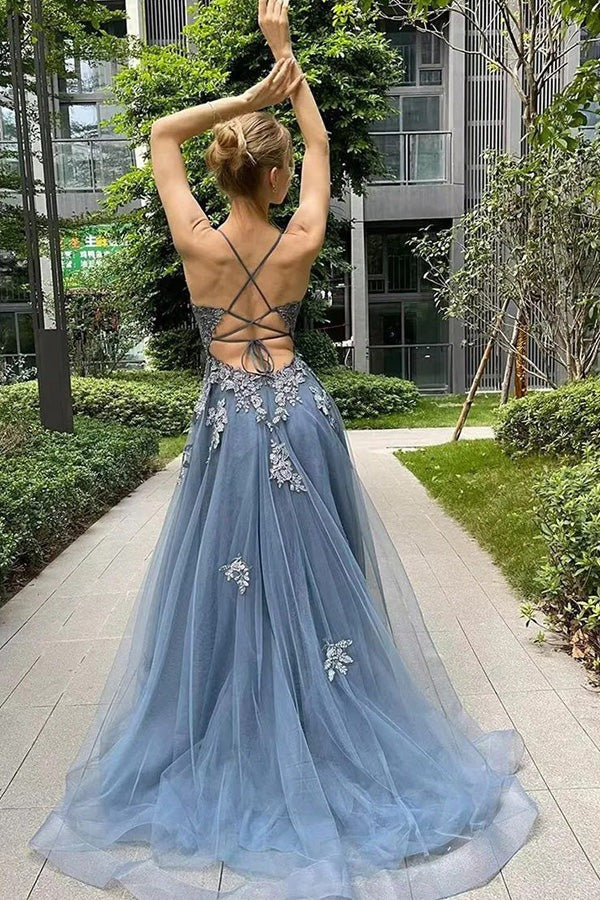 A Line Spaghetti Straps Corset Back Split Long Prom Dresses