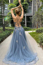 A Line Spaghetti Straps Corset Back Split Long Prom Dresses