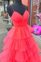 A-line V Neck Red Layers Plunging Long Prom Dresses