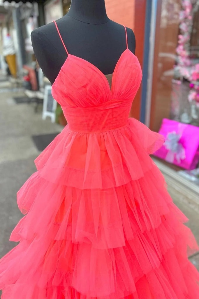 A-line V Neck Red Layers Plunging Long Prom Dresses – luladress