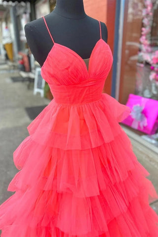 A-line V Neck Red Layers Plunging Long Prom Dresses