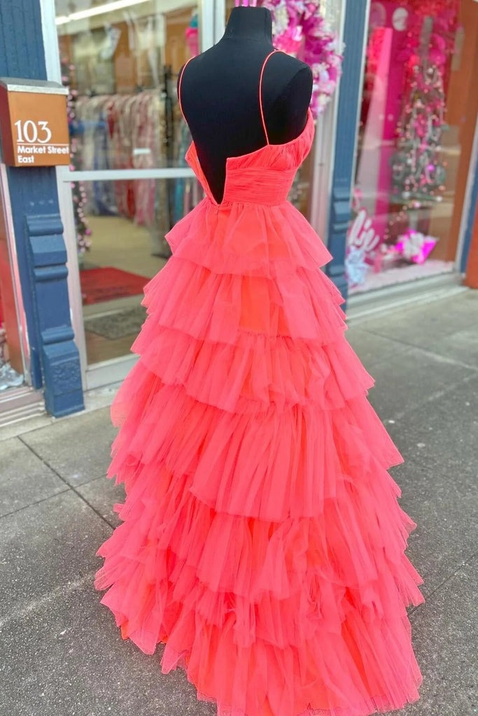 A-line V Neck Red Layers Plunging Long Prom Dresses