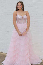 Straps Plunging Neck Pink Sequin Lace A-line Prom Dresses