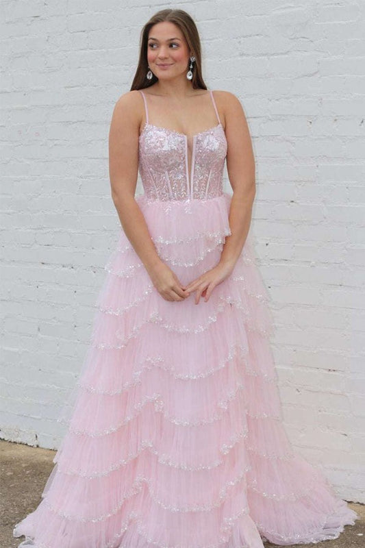 Straps Plunging Neck Pink Sequin Lace A-line Prom Dresses