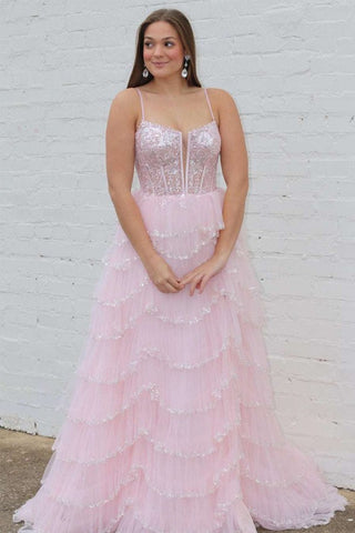 Straps Plunging Neck Pink Sequin Lace A-line Prom Dresses