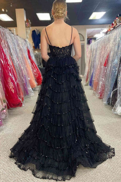 Straps Plunging Neck Pink Sequin Lace A-line Prom Dresses