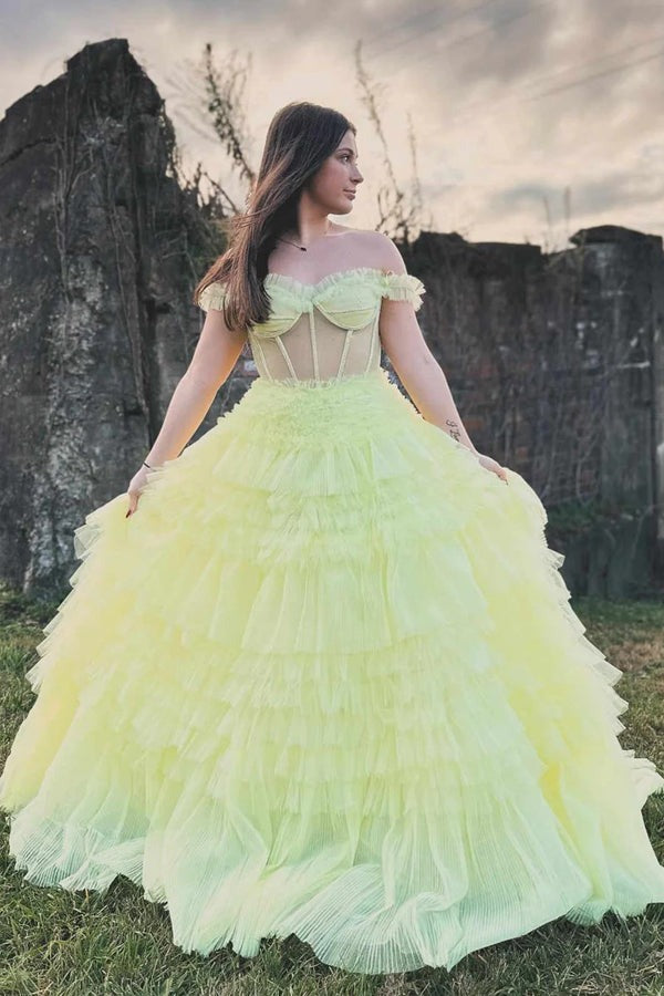 Off the Shoulder Ruffle Layered Light Yellow Prom Dresses