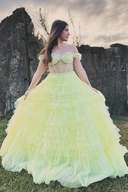 Off the Shoulder Ruffle Layered Light Yellow Prom Dresses