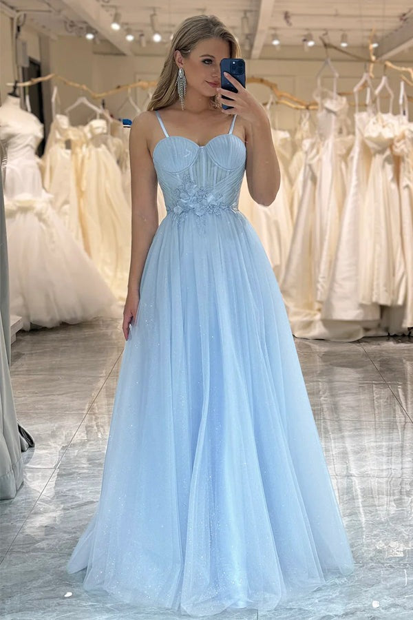 Spaghetti Straps Tulle Blue Sparkly A Line Prom Dresses – luladress