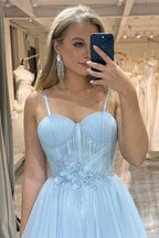 Spaghetti Straps Tulle Blue Sparkly A Line Prom Dresses