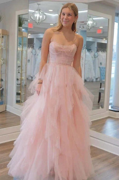 white pink prom dress Strapless Sequin Beaded Tulle Stunning Light Pink Prom Dresses – luladress