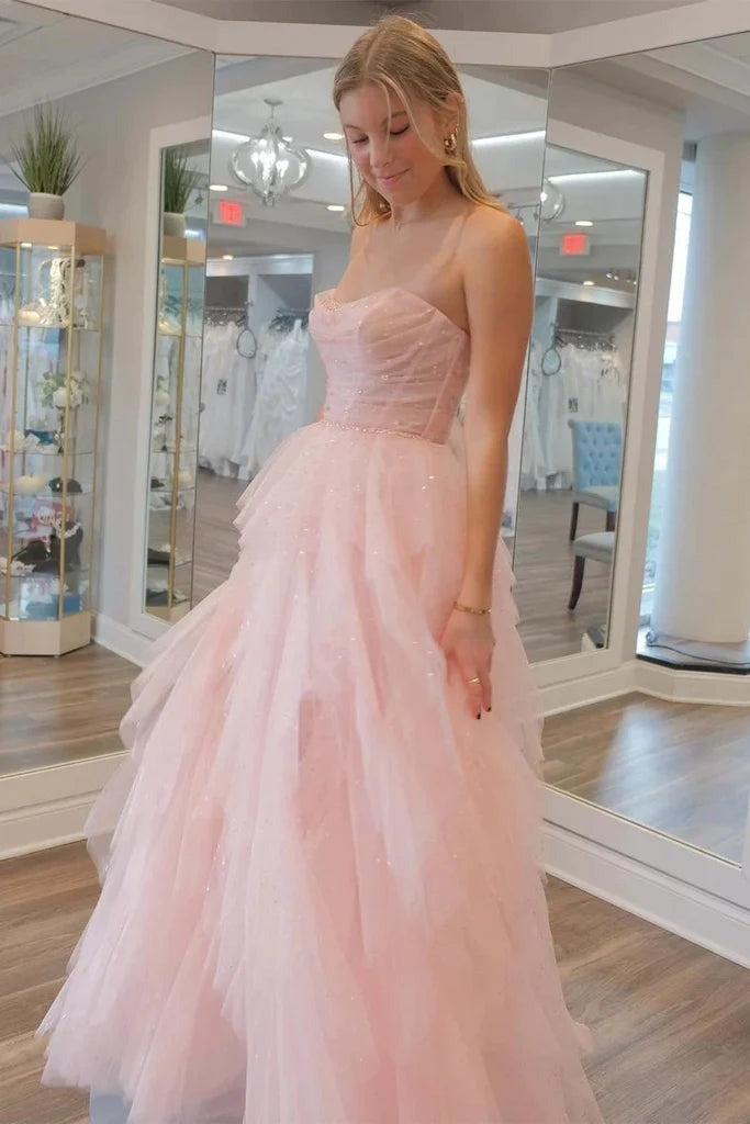 Strapless Light Pink Sequin Beaded Ruffle Tulle Sparkly Prom Dress US6 / Light Pink Strapless Light Pink Sequin Beaded Ruffle Tulle Sparkly Prom Dress US6 / Light Pink