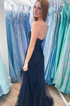 A-line Long Hot Pink Strapless Floral Appliques Prom Dresses
