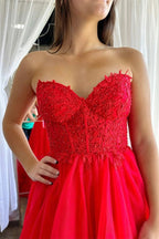 A-Line Red Sweetheart Corset Ruffle Prom Dresses Formal Gown