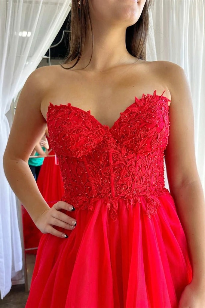 A-Line Red Sweetheart Corset Ruffle Prom Dresses Formal Gown