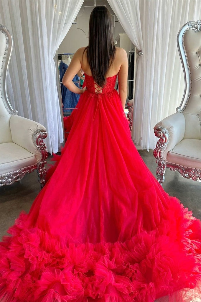 A-Line Red Sweetheart Corset Ruffle Prom Dresses Formal Gown