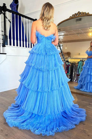 Charming A Line Long Strapless Blue Prom Dresses