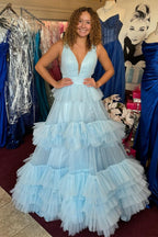 Ball Gown Light Blue Tiered Ruffled Tulle Long V Neck Prom Dresses