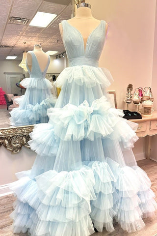 Ball Gown Light Blue Tiered Ruffled Tulle Long V Neck Prom Dresses