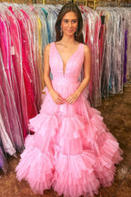 Ball Gown Light Blue Tiered Ruffled Tulle Long V Neck Prom Dresses