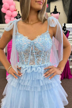 A Line Light Blue Tiered Sweetheart Tulle Slit Prom Dresses