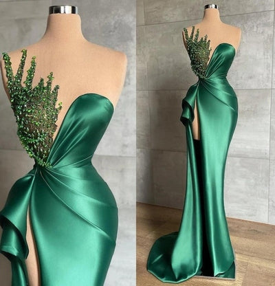 Asymmetrical High Split Beaded Mermaid Floor-length Sleeveless Prom Dresses