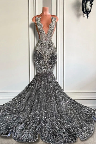 Robes de bal sirène bleu roi sans manches avec perles et paillettes
