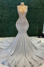 Mermaid Sparkle Silver Satin Beaded Long Prom Dresses