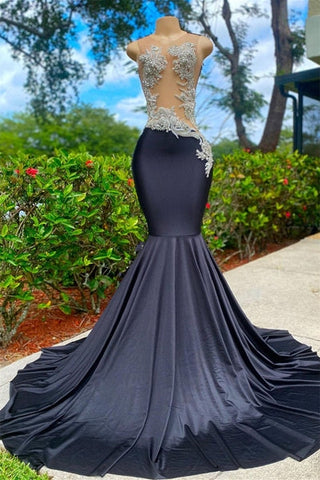 V-neck Appliques Lace Sequined Mermaid Open Back One Shoulder Floor-length Sleeveless Prom Dresses