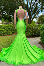 Mermaid V-neck Sequined Open Back Floor-length Sleeveless Lace Beading Prom Dresses