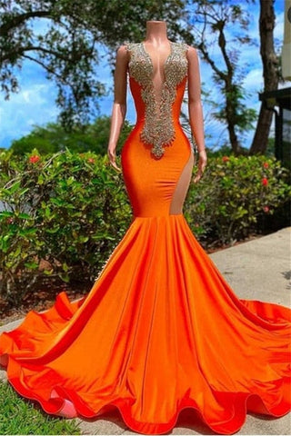 Mermaid V-neck Sequined Open Back Floor-length Sleeveless Lace Beading Prom Dresses