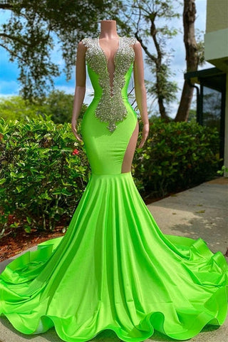 Mermaid V-neck Sequined Open Back Floor-length Sleeveless Lace Beading Prom Dresses