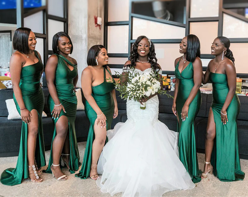 Mismatchy Emerald Green Sexy Side-Slit Mermaid Long Bridesmaid Dresses