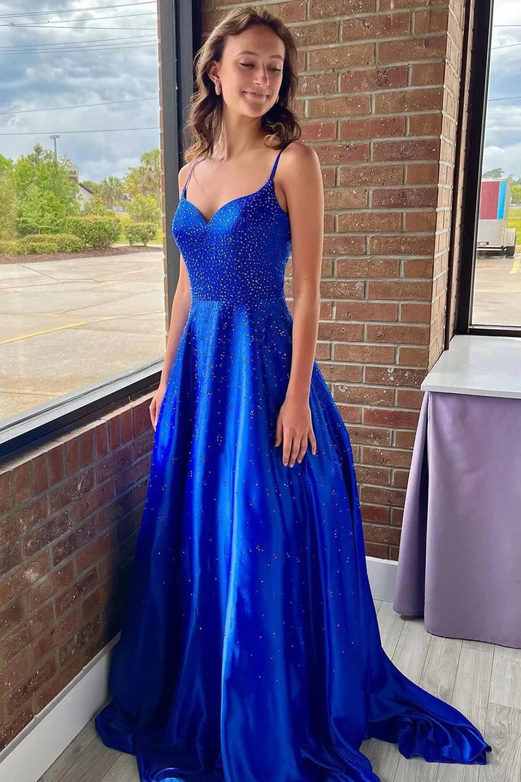 Sweet V Neck Royal Blue Satin  A Line Long Prom Dresses with Beading