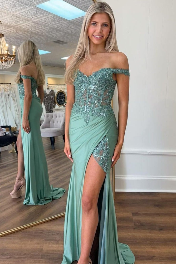 Mermaid Green Satin Off the Shoulder Prom Dresses