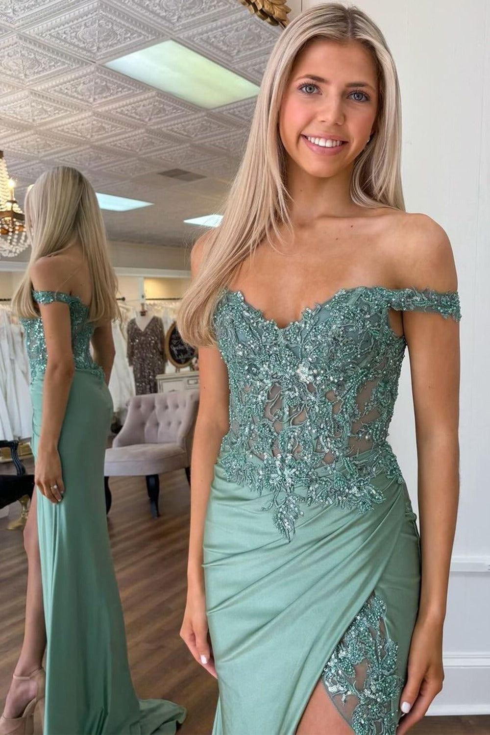 Mermaid Green Satin Off the Shoulder Prom Dresses