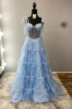 A Line Sweetheart Blue Ruffled Tulle Prom Dresses