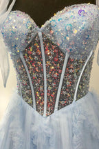 A Line Sweetheart Blue Ruffled Tulle Prom Dresses