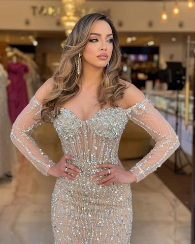 Off the shoulder Champagne Sweetheart Sparkle Beaded Long sleeves Prom Dresses
