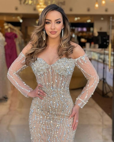 Off the shoulder Champagne Sweetheart Sparkle Beaded Long sleeves Prom Dresses