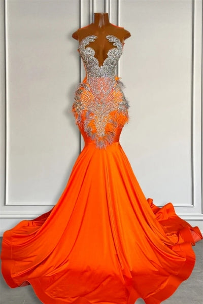 Robes de bal sirène orange sans manches illusion avec perles et plumes