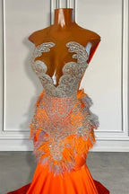 Orange Mermaid Sleeveless Illusion Prom Dresses With Beadings and Feather