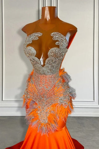 Orange Mermaid Sleeveless Illusion Prom Dresses With Beadings and Feather